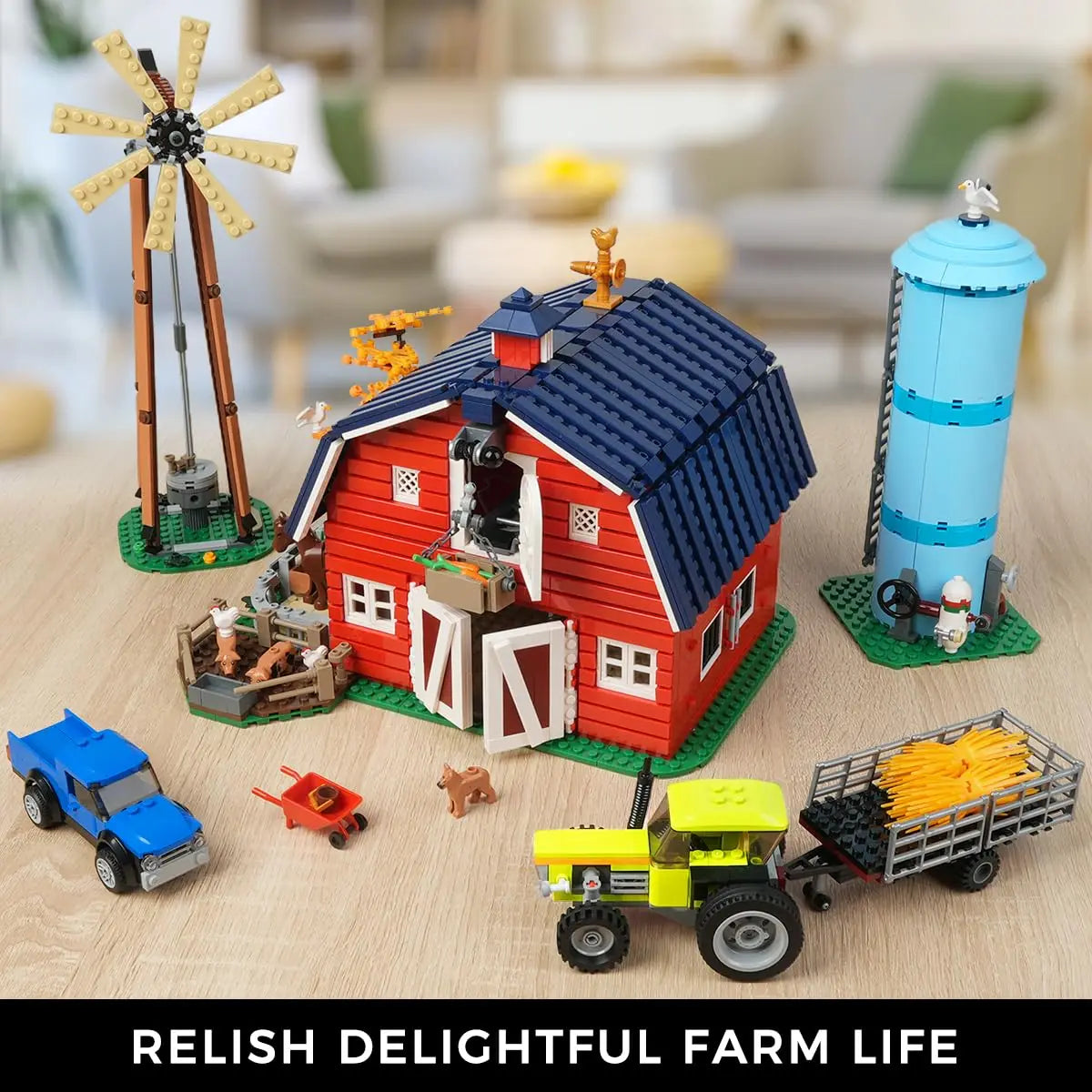 Building block farm barn construction set including a tractor, windmill, and silo with text overlay