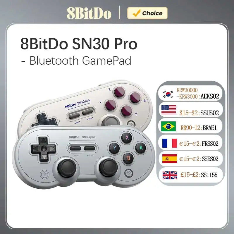 Two retro-style Bluetooth game controllers on a white background with country-specific pricing information.