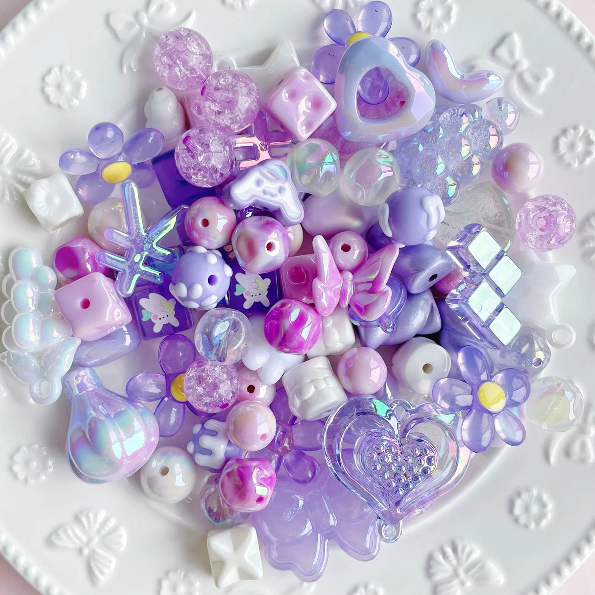 20g Y2K Acrylic Mixed Bowknot, Flower, and Heart Beads for DIY Jewelry – B Purple