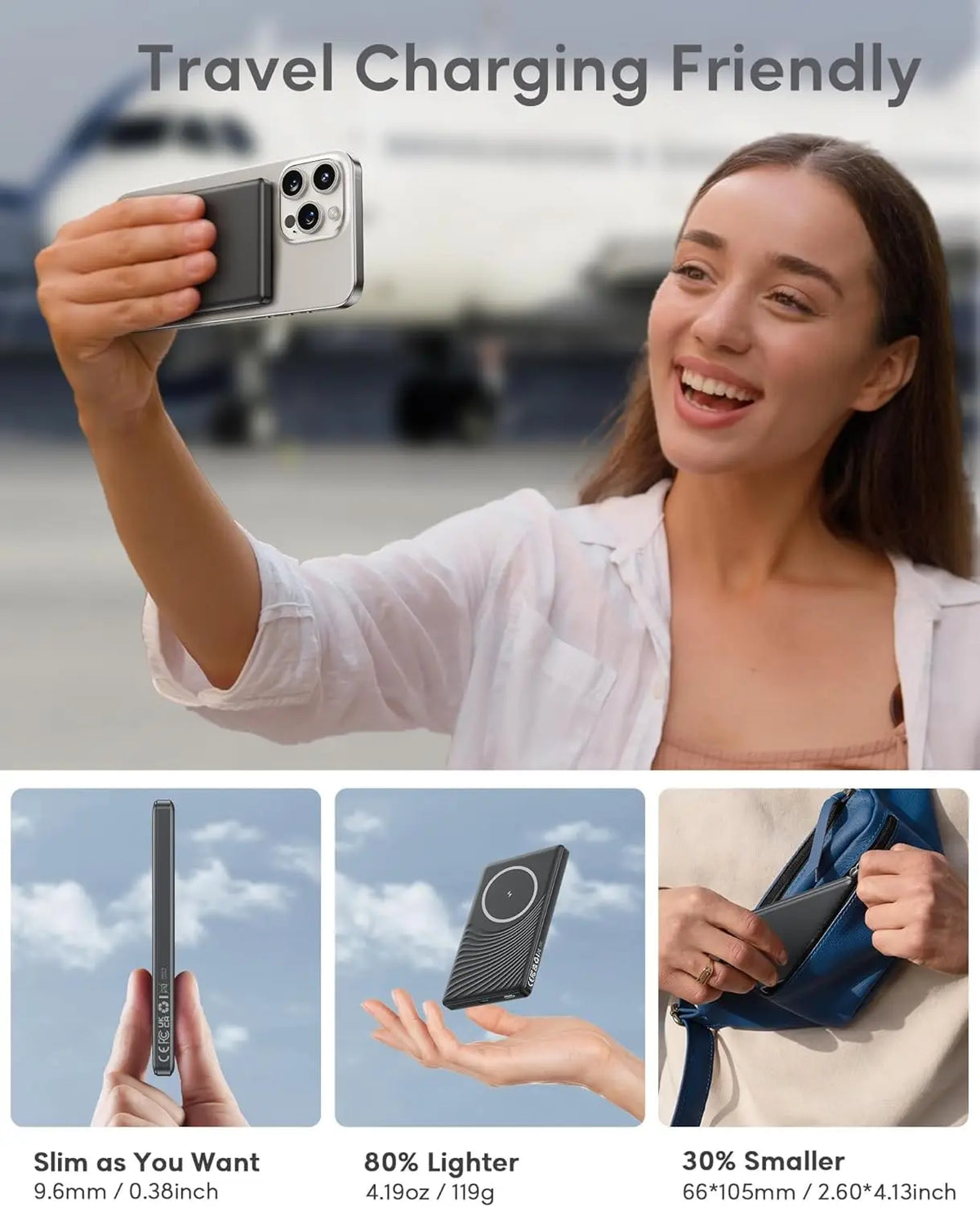 Portable wireless magnetic power bank attached to a phone used by a traveler, featuring size and weight specifications.