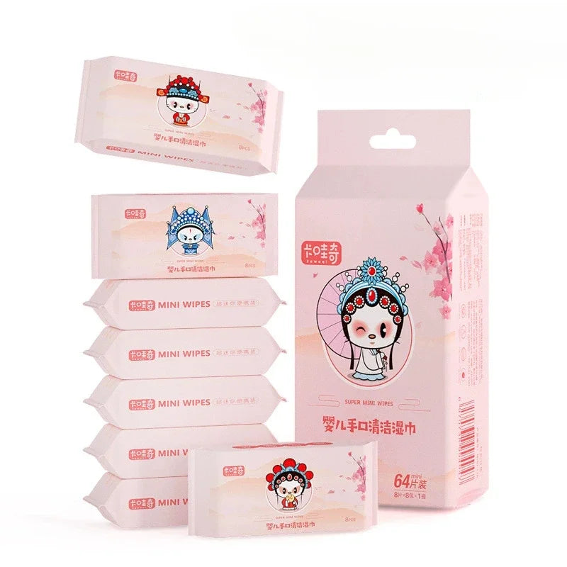 Disposable Mini Hand and Mouth Cleaning Wipes, 64-Piece Travel Pack – Pink