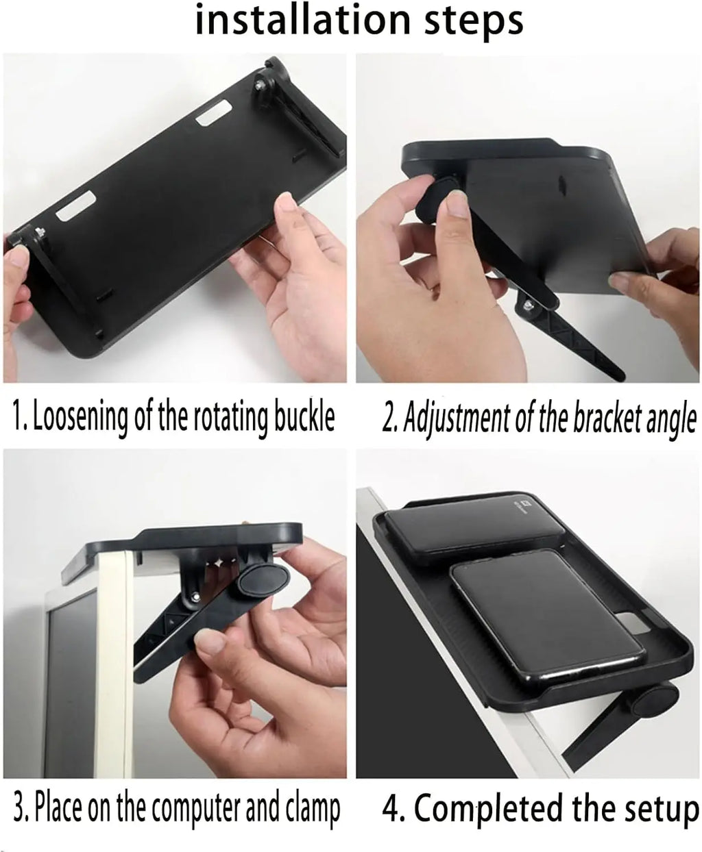 Four step-by-step photos demonstrating how to adjust and mount the screen top shelf on a computer monitor