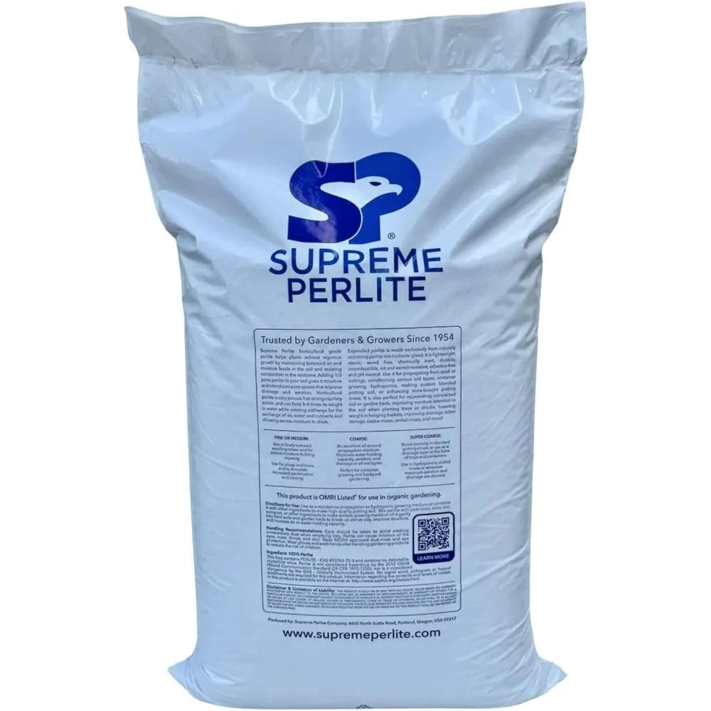 The back of a white horticultural perlite bag with extensive product information and usage instructions.