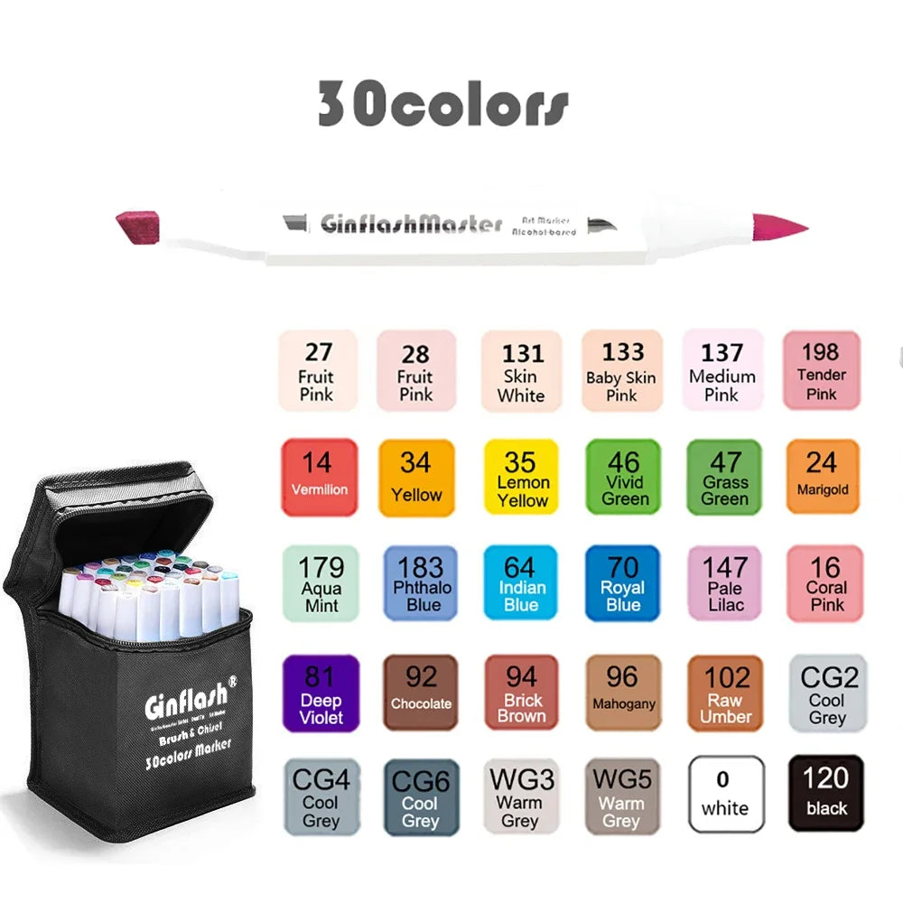 Ginflash Dual Head Alcohol-Based Art Markers - Brush & Chisel Tip – 30colors set