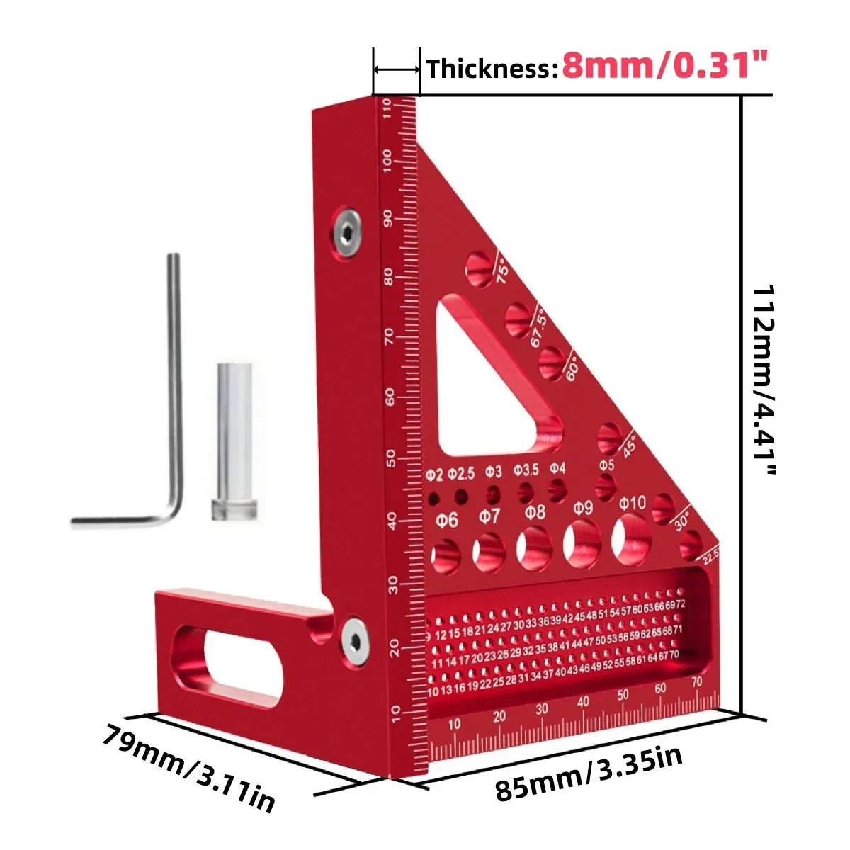 Dimensions of red aluminum multi-angle woodworking square ruler