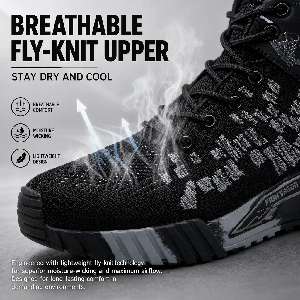 Close up of black fly-knit work shoe upper showing breathable material