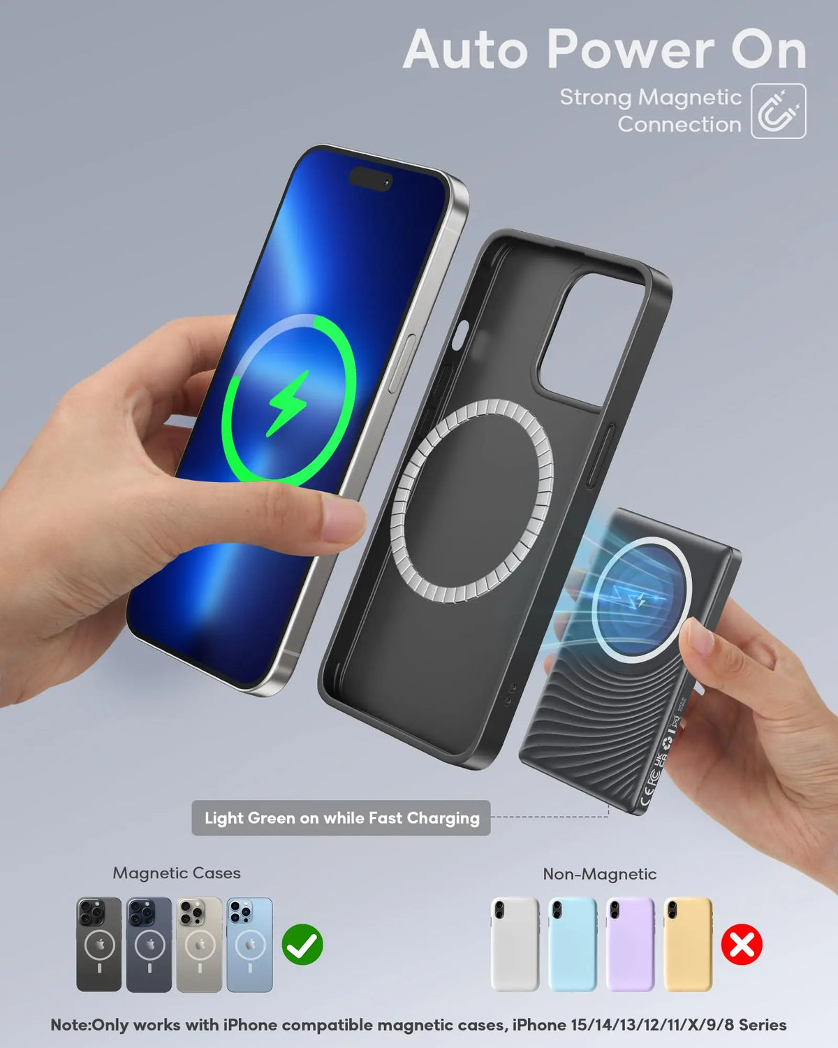 Magnetic wireless charger charging a smartphone with magnetic and non-magnetic case compatibility guide.