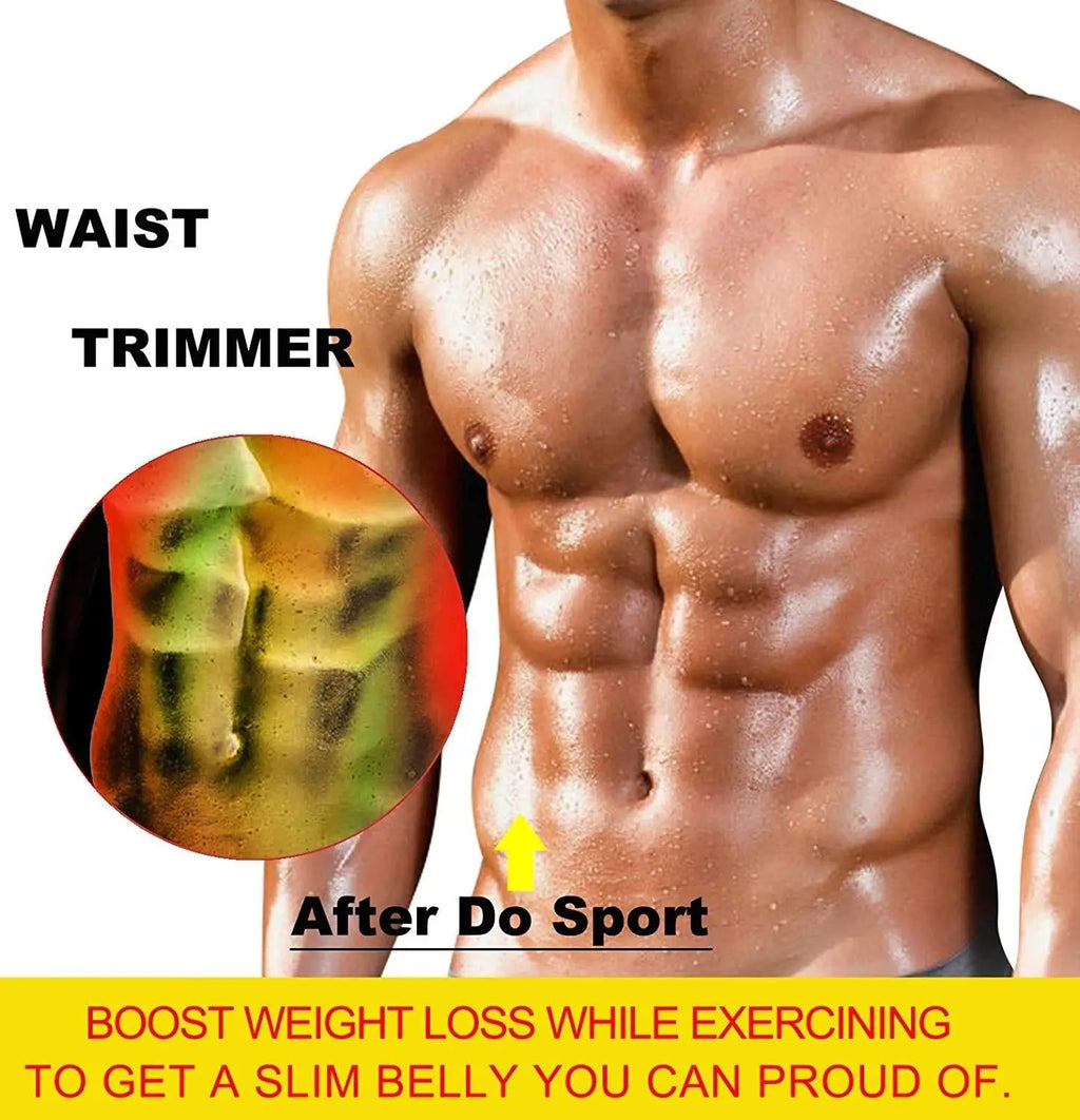 Men's black neoprene waist trainer vest used during exercise for sweat and weight loss