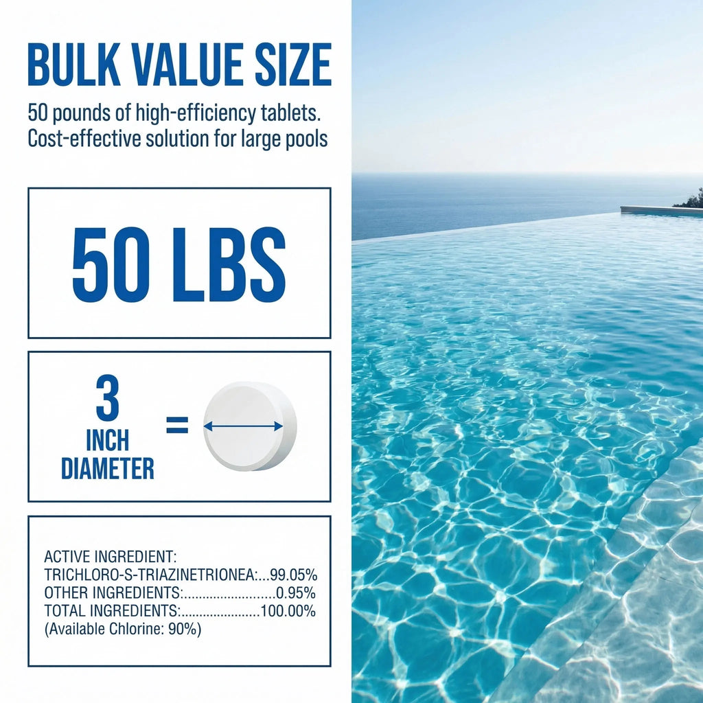 A diagram showing the bulk 50lb size and 3-inch diameter of chlorine pool tablets next to a swimming pool view.