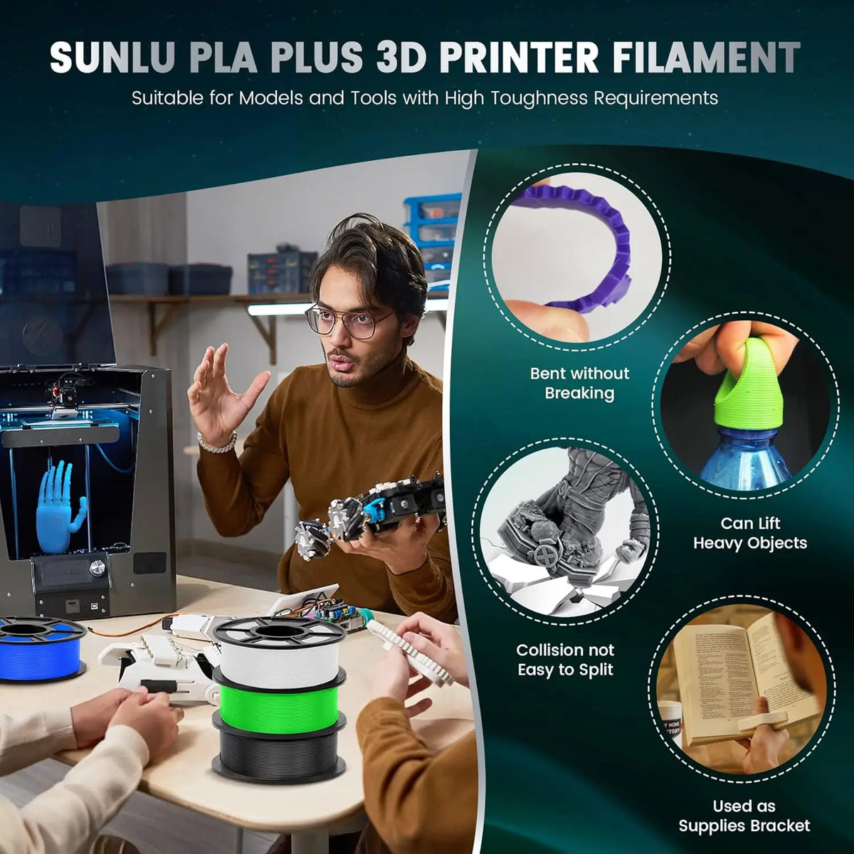 A person using a 3D printer and examples of tough objects printed with PLA plus filament