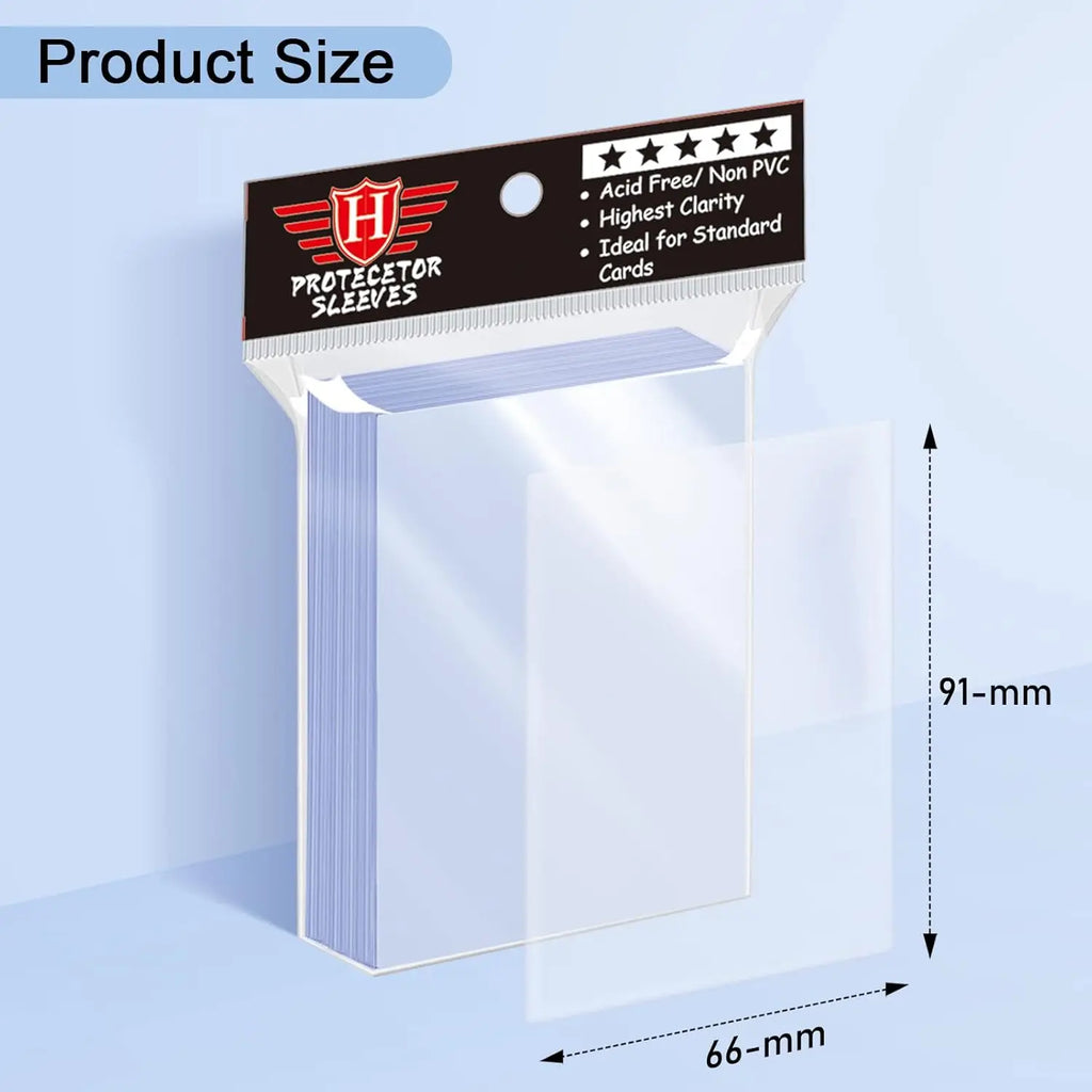 A pack of clear plastic card sleeves showing dimensions of 91mm by 66mm.