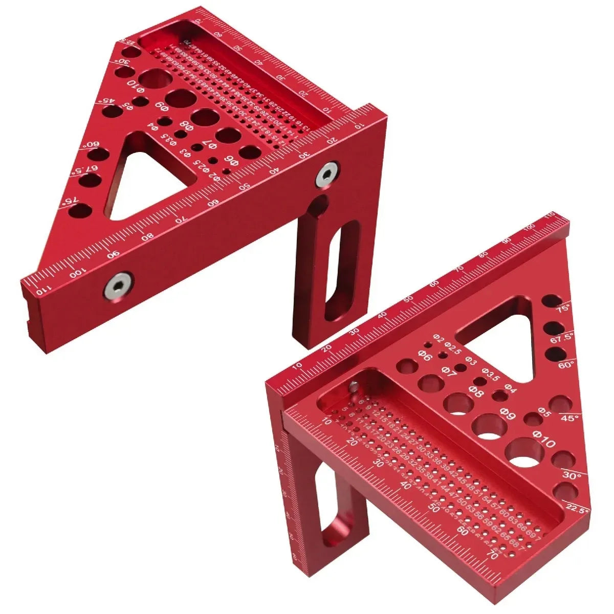 Two red multi-angle carpenter square rulers displayed together