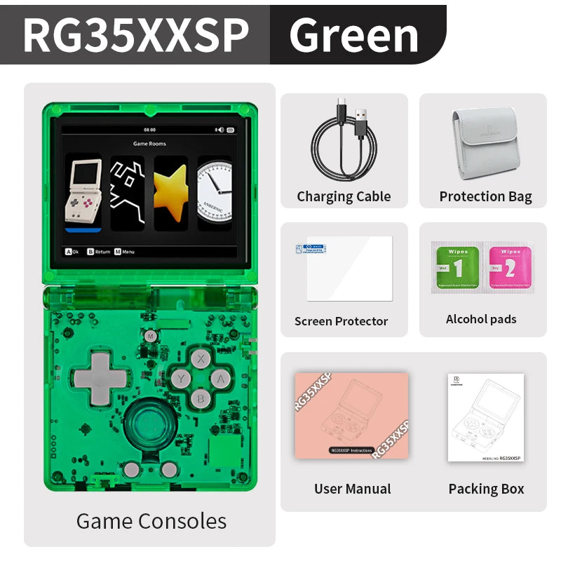 Anbernic RG35XXSP Flip Retro Handheld Game Console, 3.5-inch IPS Screen – Green TR with Bag