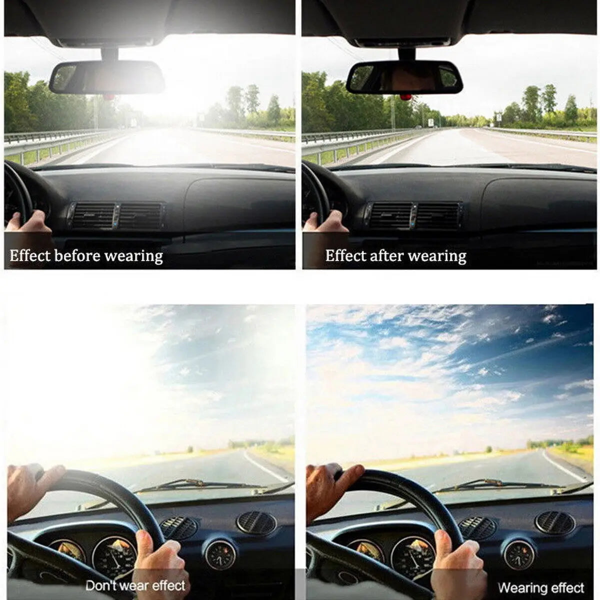 Comparison showing the anti-glare effect of photochromic clip-on sunglasses while driving