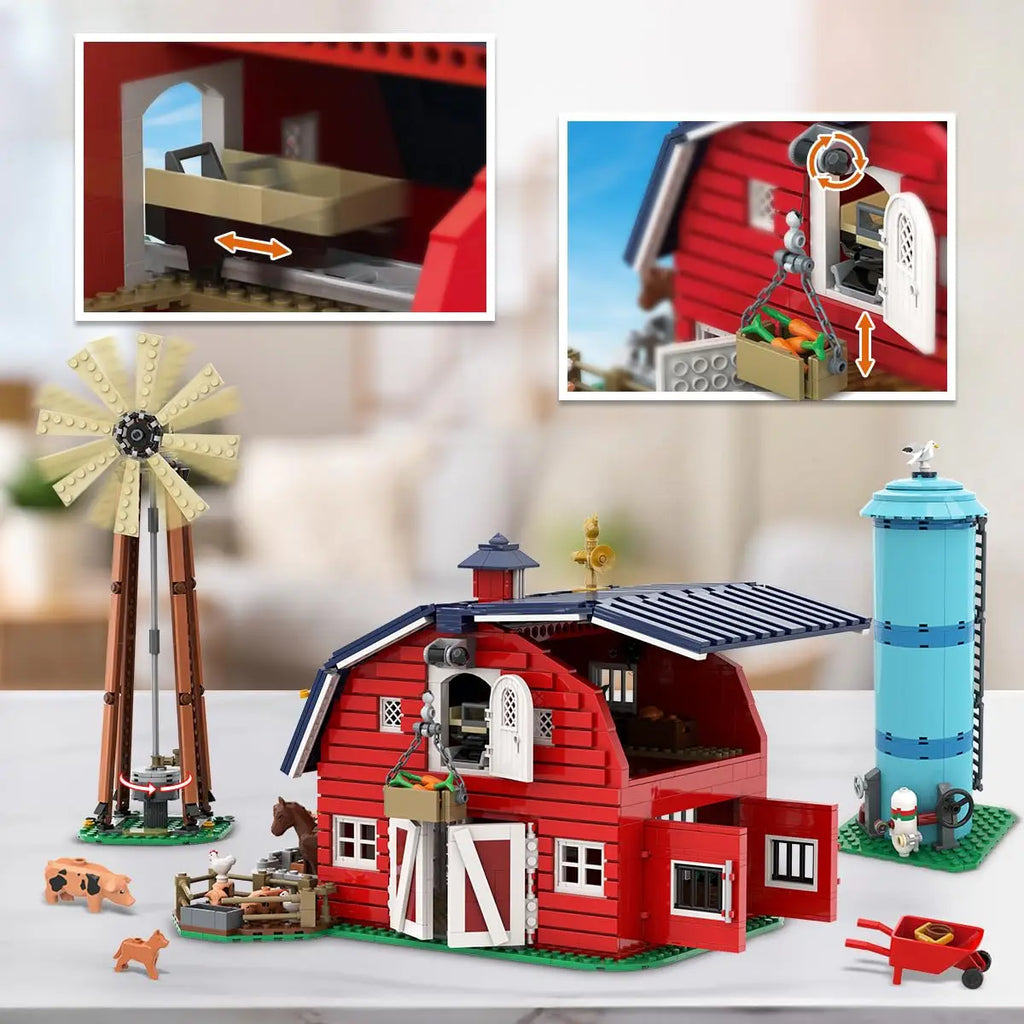 Building block farm barn set featuring a hoist and sliding mechanism with interactive elements
