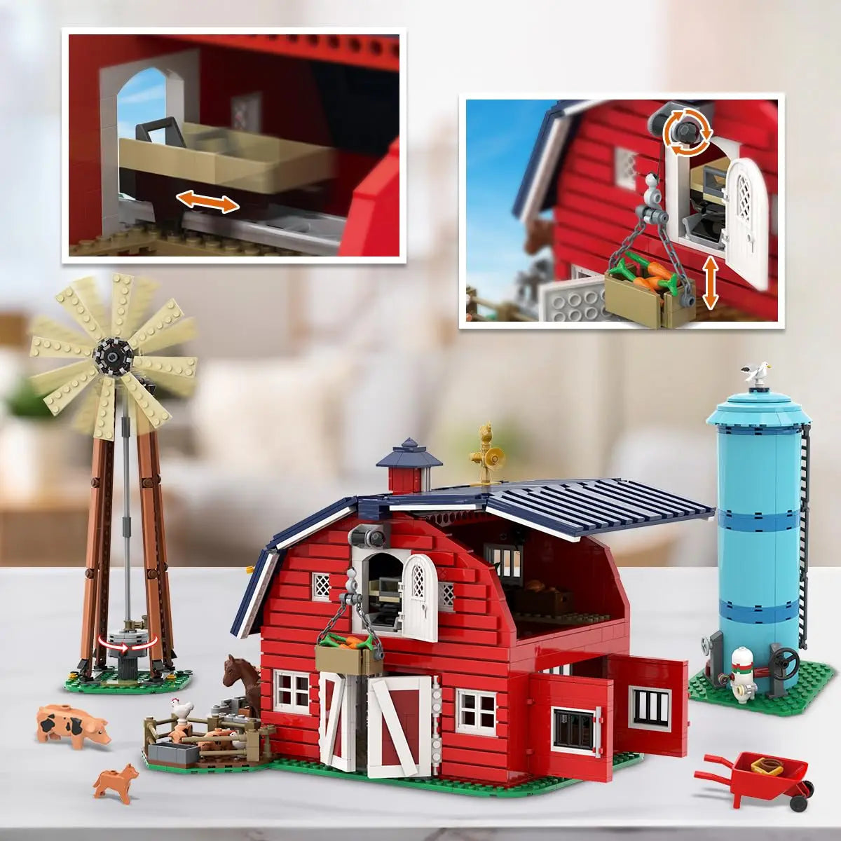 Building block farm barn set featuring a hoist and sliding mechanism with interactive elements