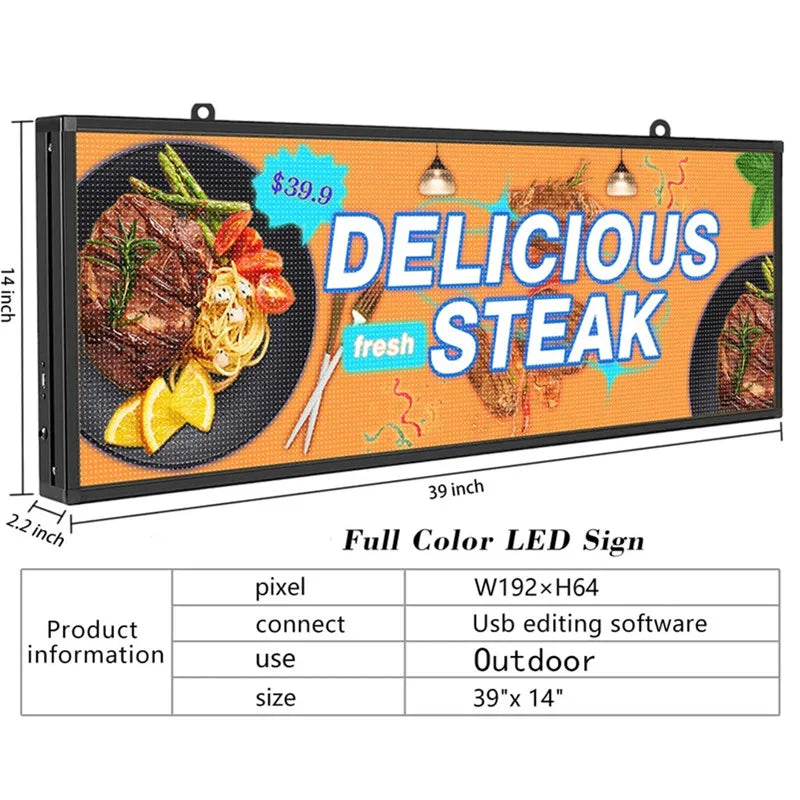 A 39x14 inch full-color programmable LED sign with product dimensions and specifications displayed.