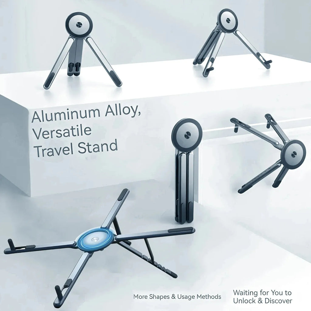 Various folding configurations of a grey aluminum alloy magnetic device stand