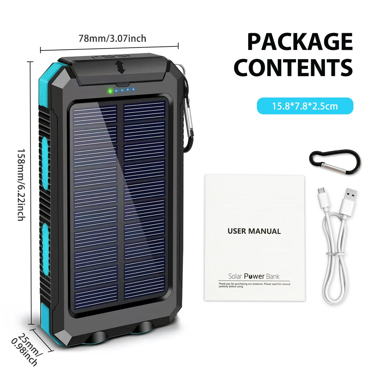 30000mAh Solar Power Bank with Dual USB Ports and LED Flashlight – Blue Color