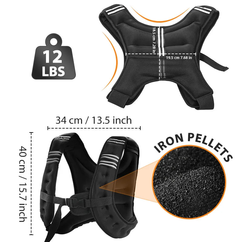 Black weighted vest with iron pellet filling, dimensions and weight label