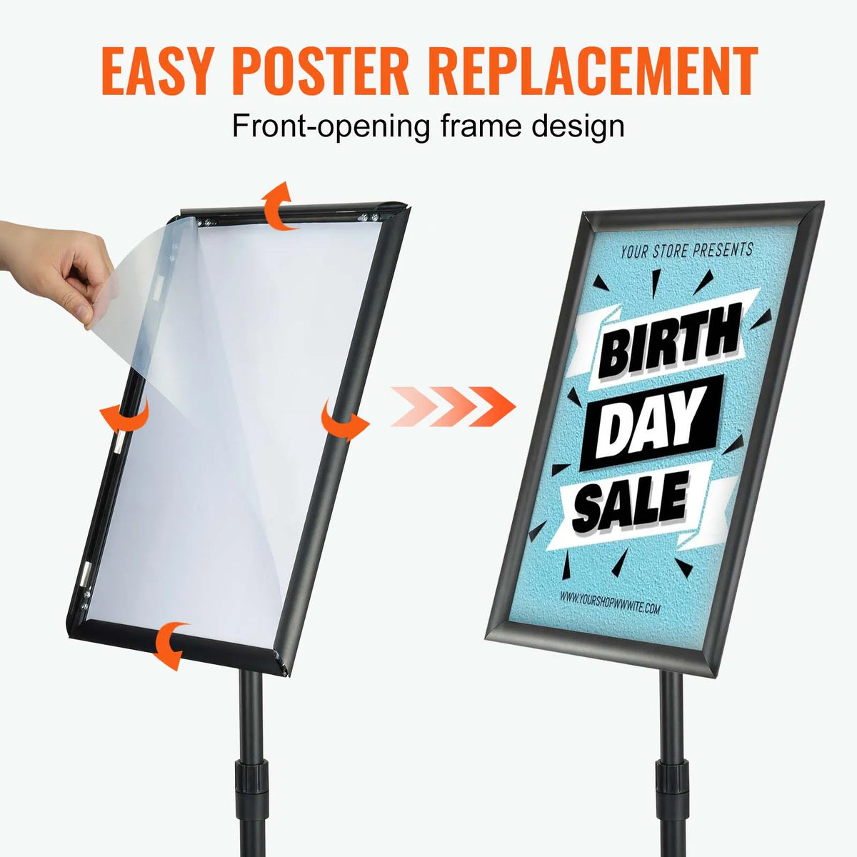 Easy poster replacement mechanism for a pedestal sign holder using a front-opening snap frame design.