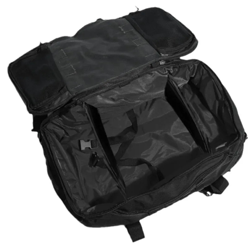 Open empty tactical travel bag with interior straps and mesh storage pockets