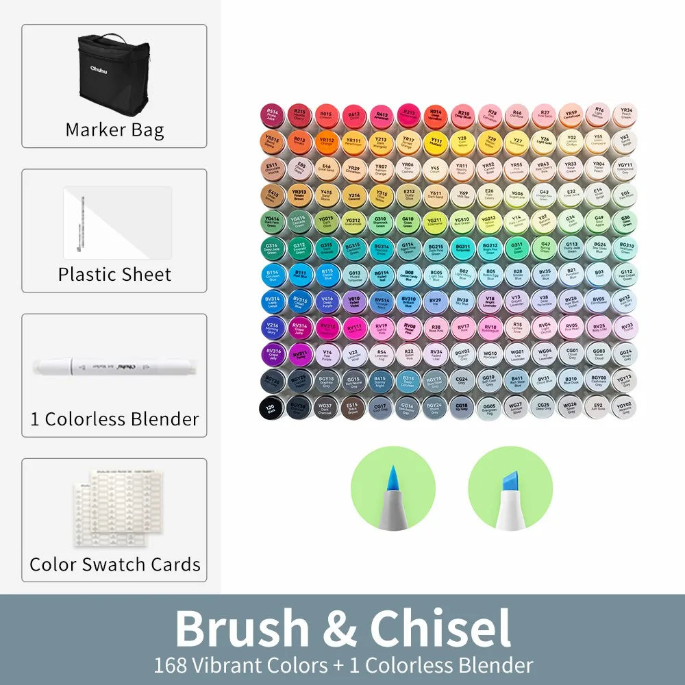 Ohuhu Honolulu Dual-Tip Alcohol Art Marker Set with Carrying Case – 168 Colors