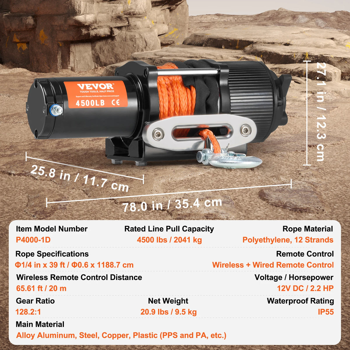 4500 lbs ATV/UTV Electric Winch, 12V, 39ft Synthetic Rope, Remote Control – 4500lbs