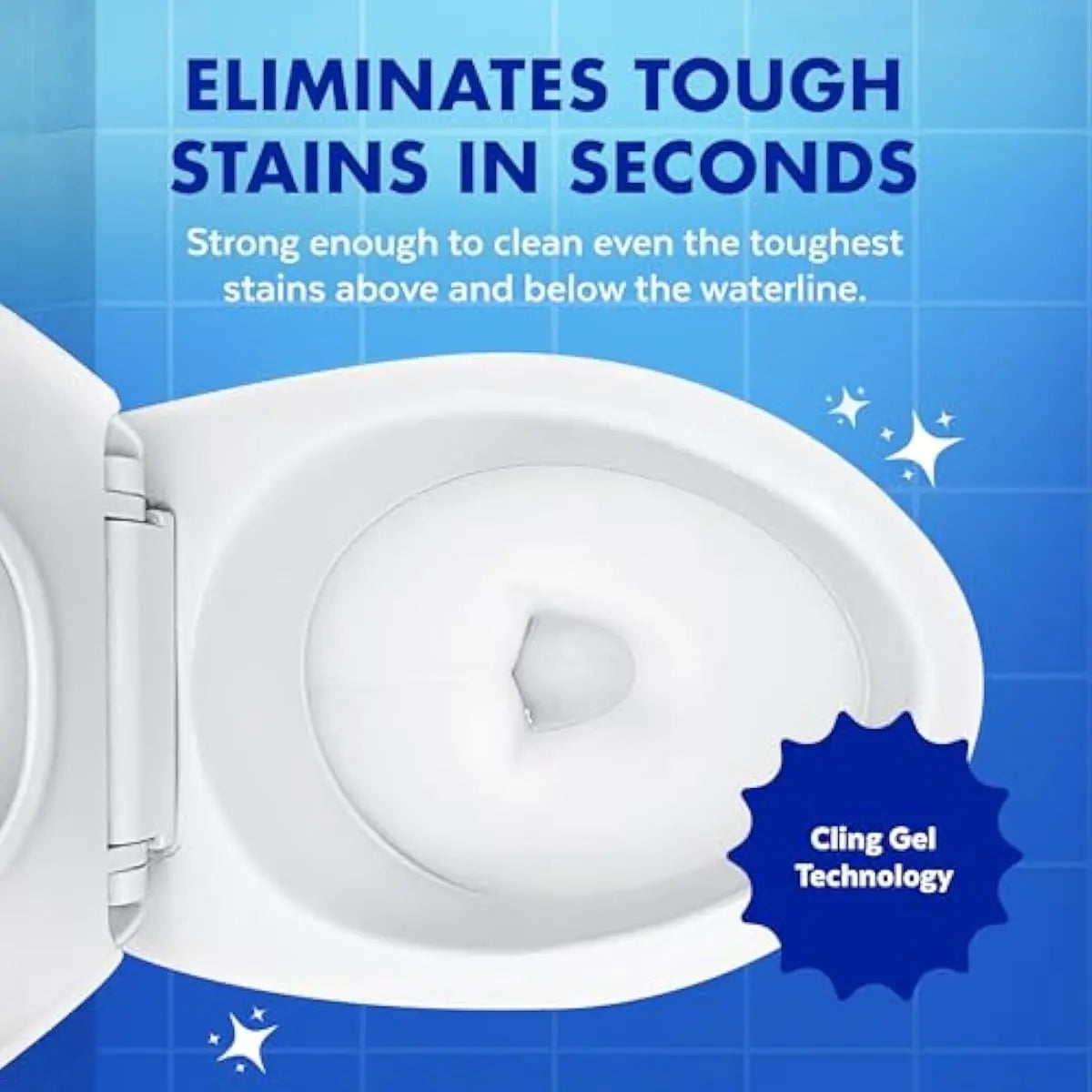 Close up of a clean toilet bowl showing cling gel technology