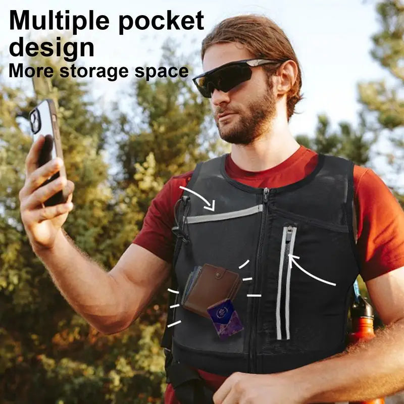 Man wearing black reflective running chest vest with storage pockets