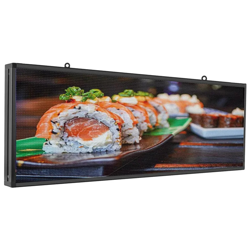 A 39x14 inch full-color programmable LED advertising board displaying a sushi graphic.