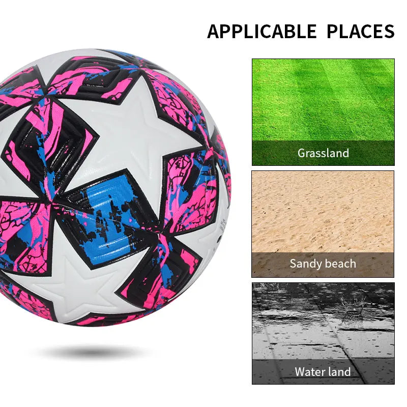 A soccer ball displayed next to images representing grassland, sandy beach, and water land terrains