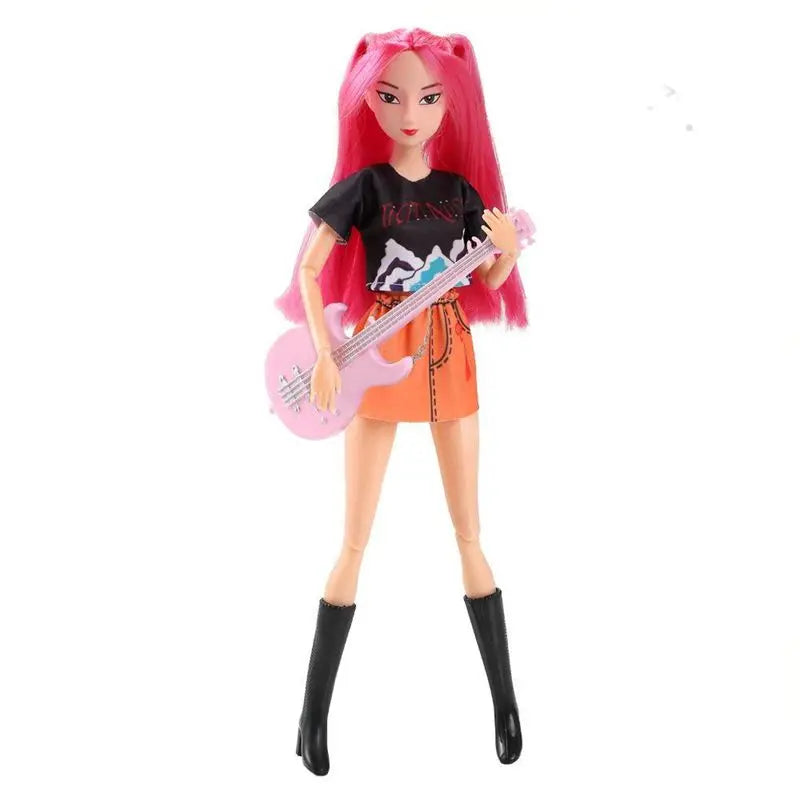 Singer doll with long pink hair, black t-shirt, orange skirt, black boots and pink electric guitar