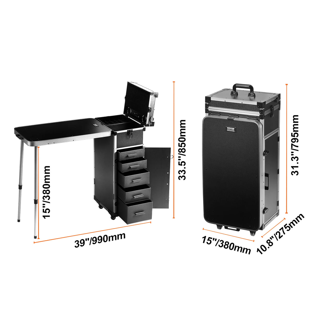 Professional Rolling Makeup Train Case with LED Mirror and Workbench – Type A