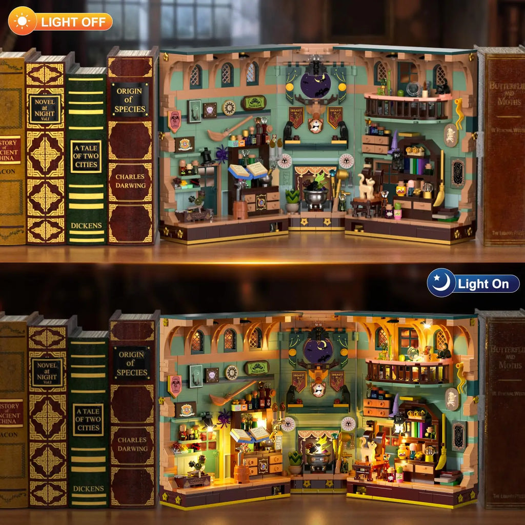 Two photos comparing a miniature magic potion booknook with lights off and lights on.