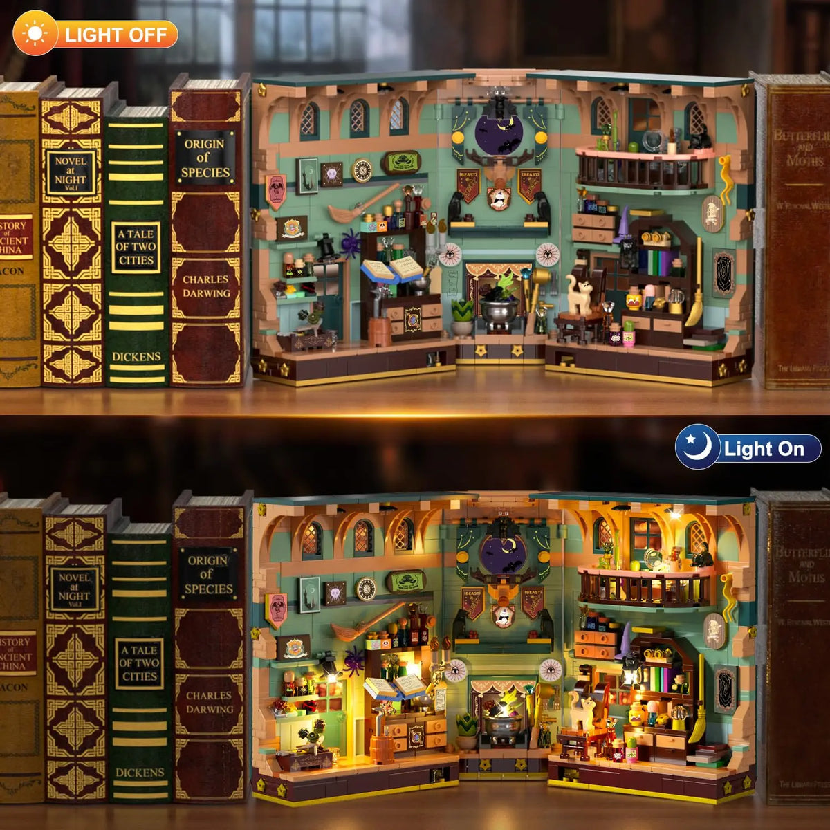 Two photos comparing a miniature magic potion booknook with lights off and lights on.
