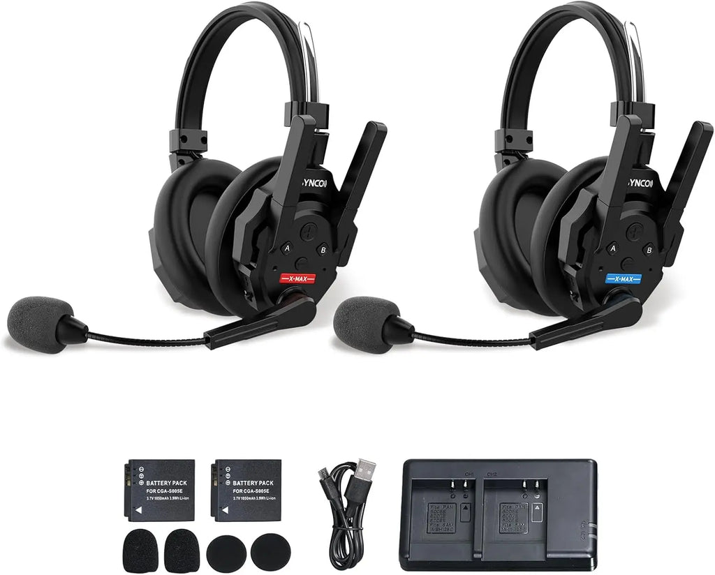 Two black wireless dual-ear intercom headsets with two batteries, charging base, and charging cable