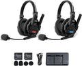 Two black wireless dual-ear intercom headsets with two batteries, charging base, and charging cable