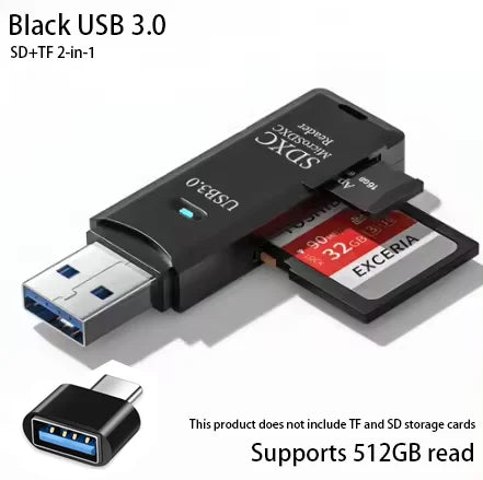 2-in-1 USB Memory Card Reader for SD and TF Cards – Black3.0 USB