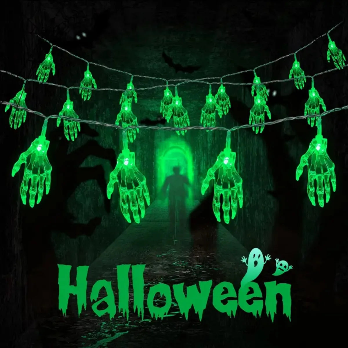 Green skeleton hand string lights for Halloween decoration