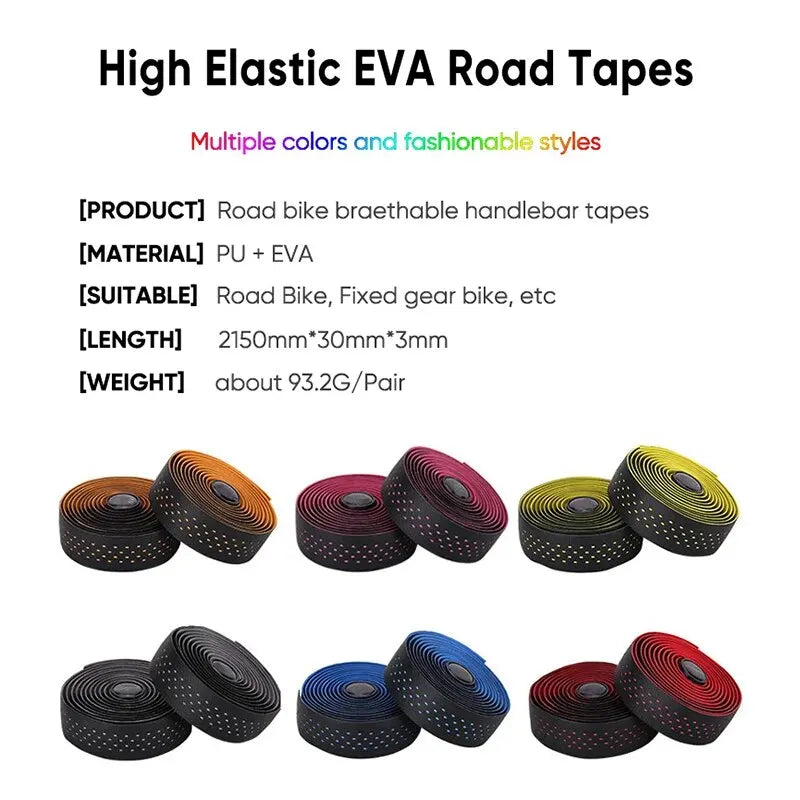 Road bike handlebar tapes displayed with product specifications and color options