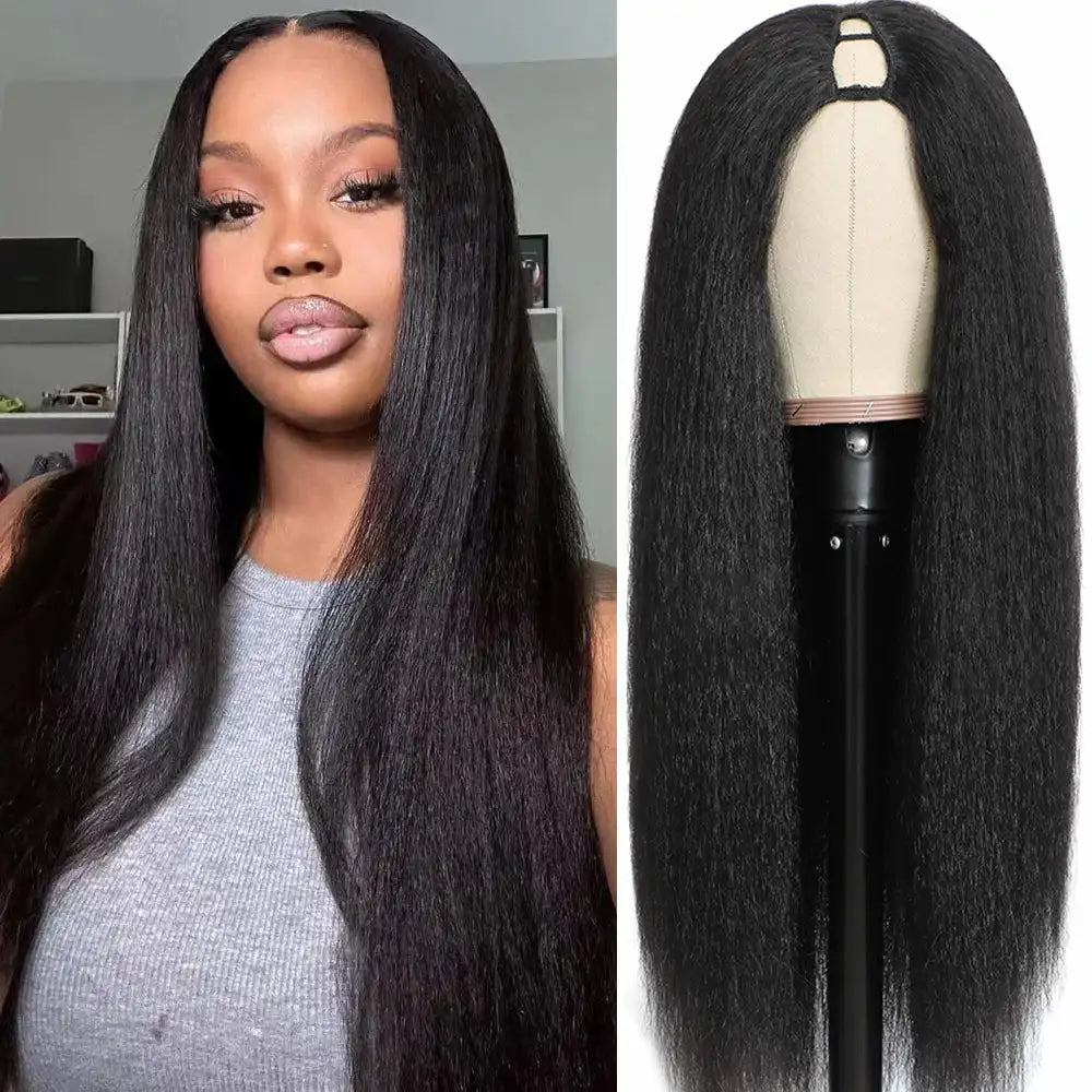 Straight textured black human hair wig on a mannequin head and worn by a woman.