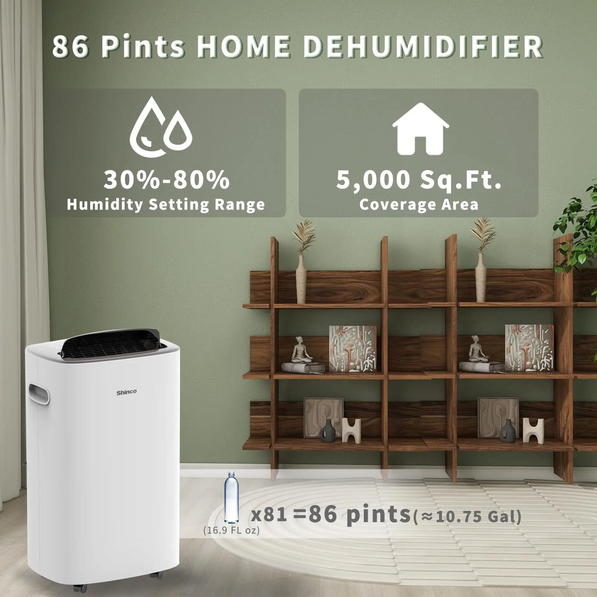 Home dehumidifier in a room with text overlay showing coverage area and humidity range