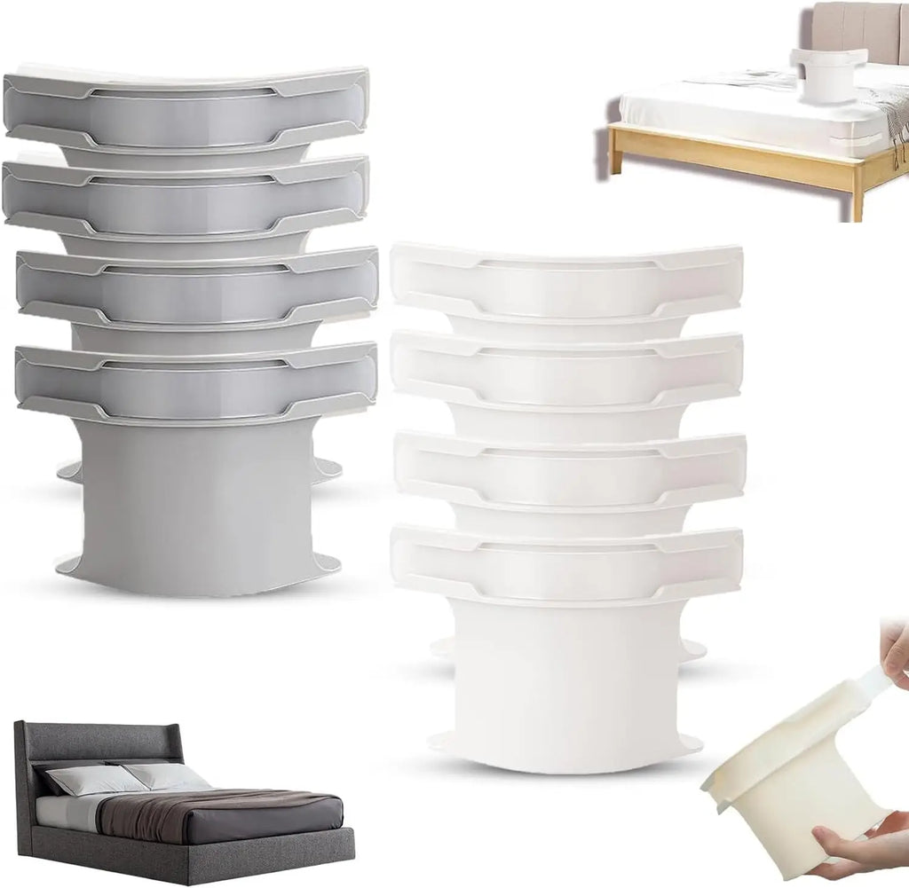 A set of white and grey plastic bed sheet fasteners and an image of them on a bed.