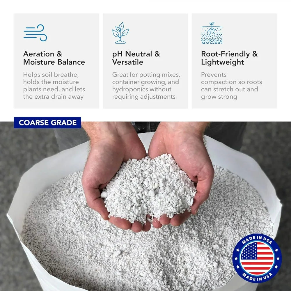 Hands holding a handful of white coarse horticultural perlite with infographic text overlay.
