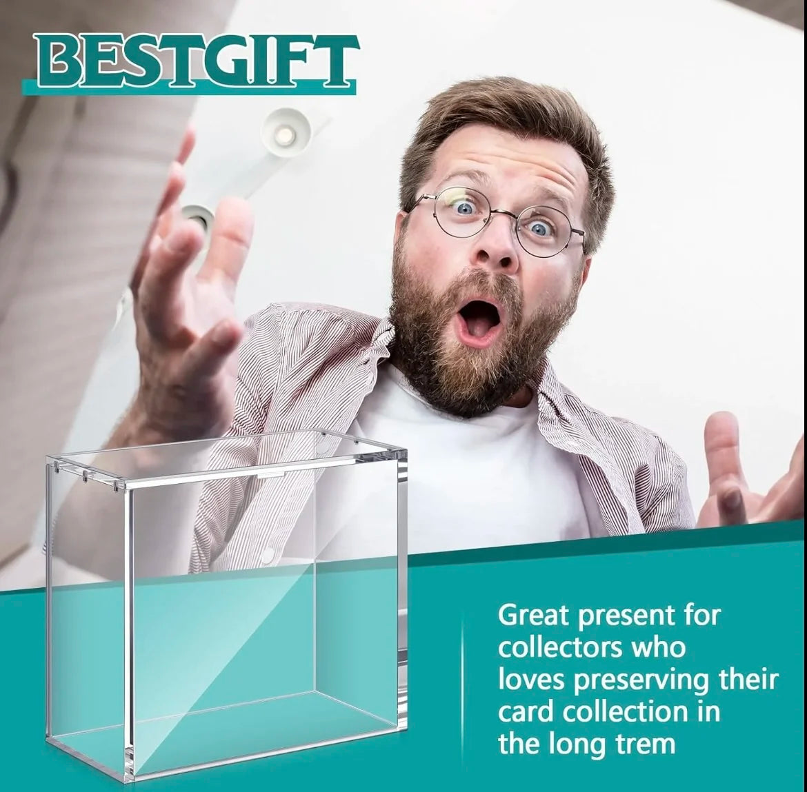 Man holding a clear acrylic display case for trading card boxes