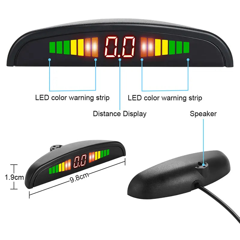 Close up of digital parking sensor LED display screen showing dimensions and component labels.