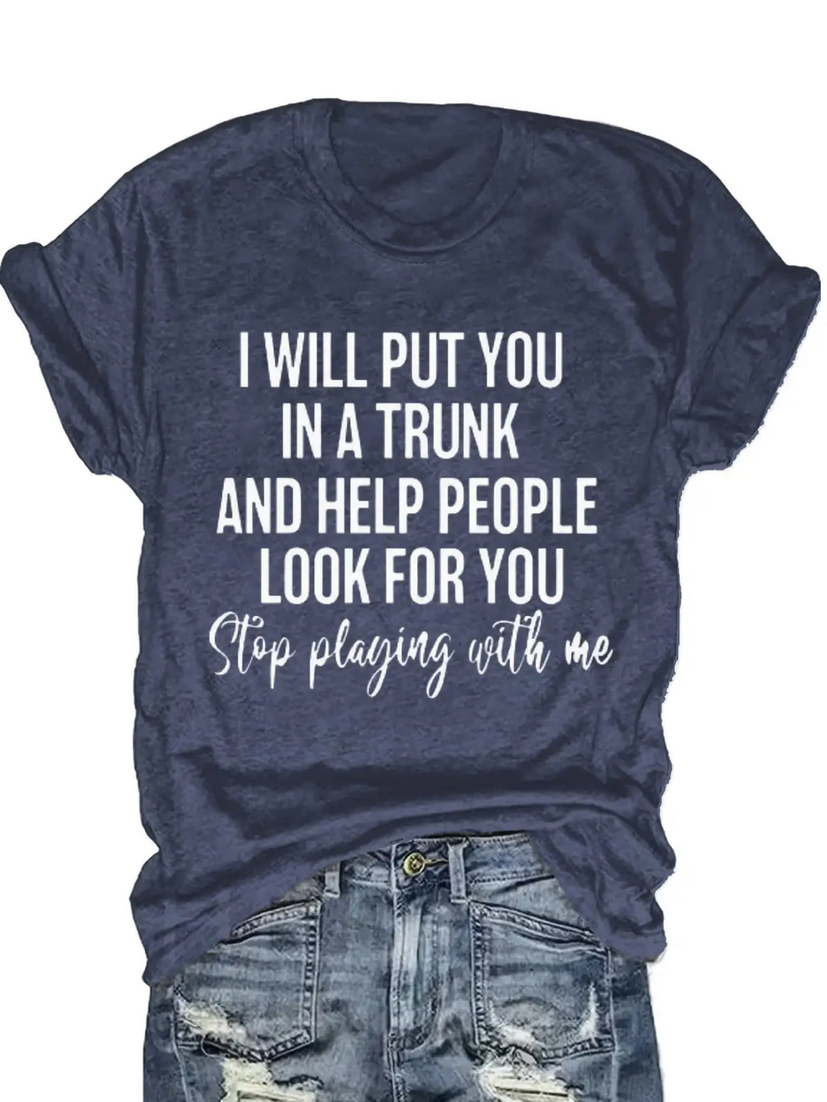 Short sleeve navy blue crew neck t-shirt with funny white text slogan print for women
