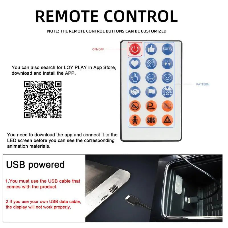 Remote control and USB power installation details for a programmable car LED sign