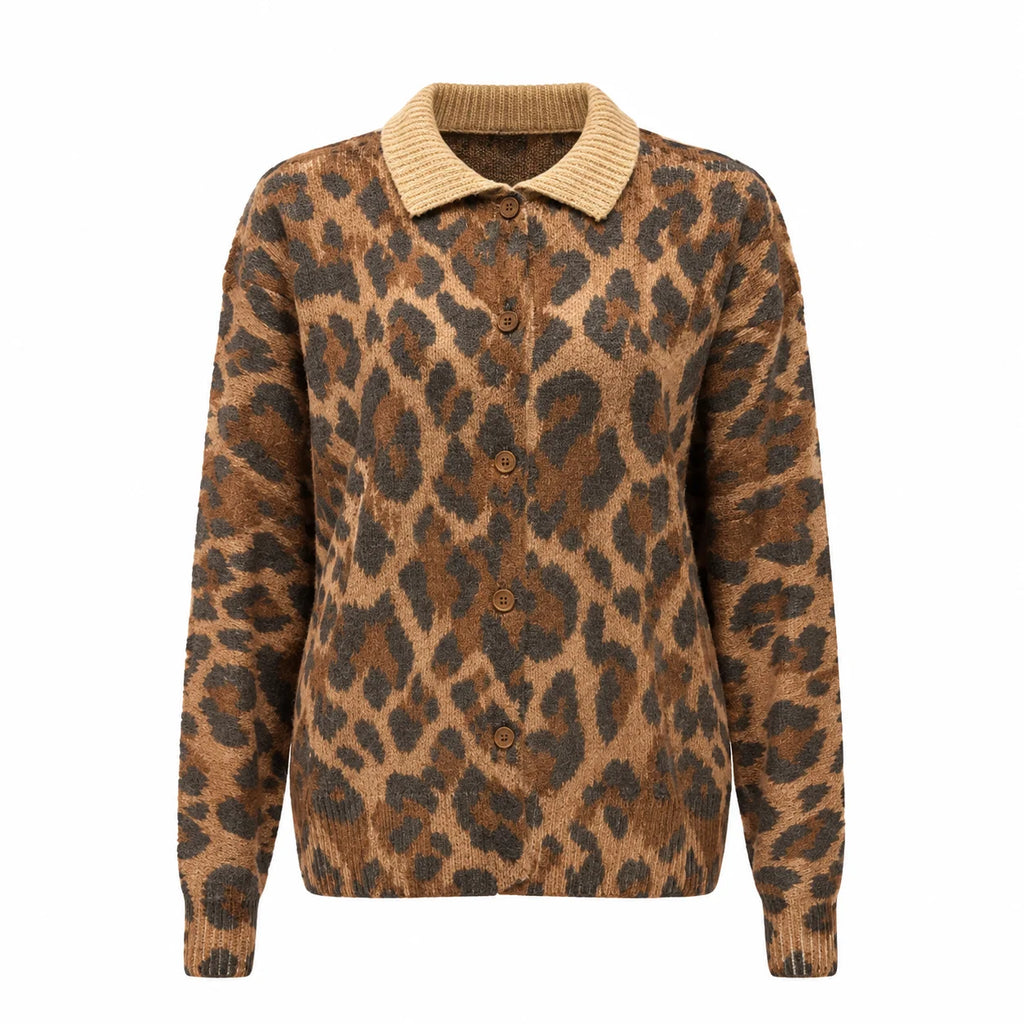 Women's Vintage Leopard Print Knit Cardigan with Lapel Collar – Light Brown